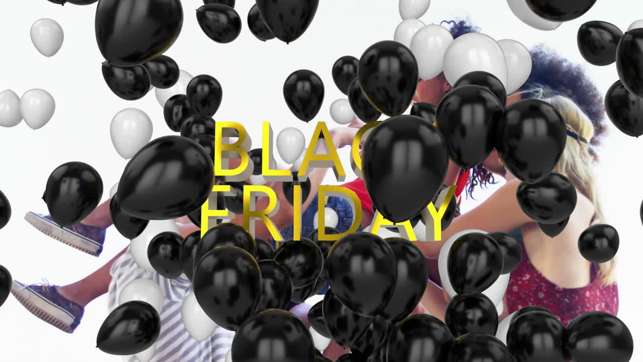 Celebrating Black Friday, people with black and white balloons, enjoying animation