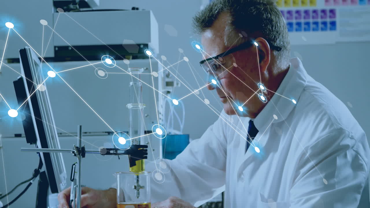 animación de la red de conexiones sobre el científico masculino caucásico