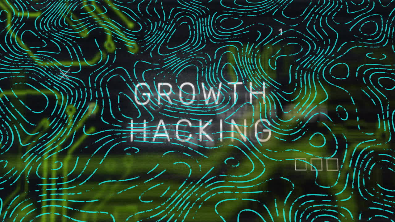 Growth hacking text over abstract digital patterns and binary code animation