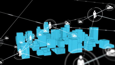 animation of networks of connections with icons over 3d city drawing spinning on black background