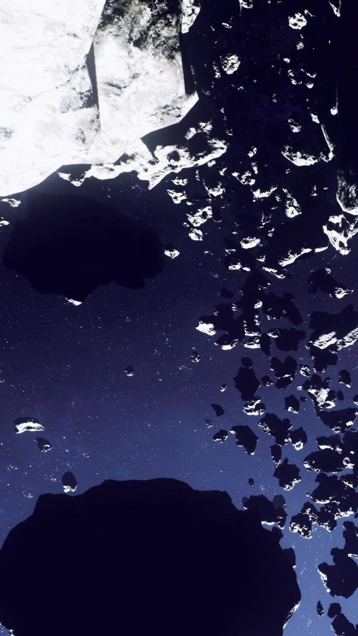 Exploration of asteroid belt with rocks floating in dark space
