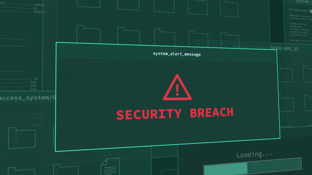 Pop op-advarsel om sikkerhedsbrud på computersystemets firewall. Cyberangreb forsøg fra hackergruppe eller spionvirus malware, der forsøger at trænge ind i hemmelige regerings- eller virksomhedsserverfiler og -dokumenter