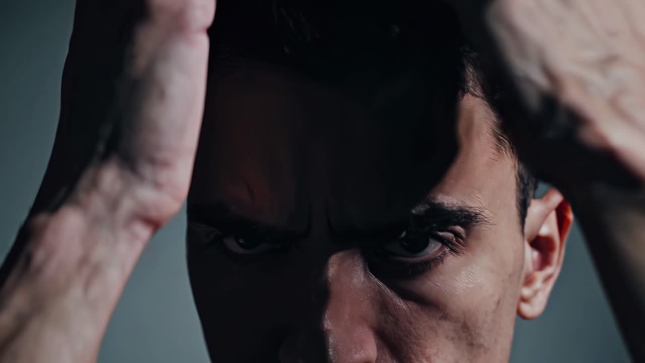 Close-up video shot of a worried man touching his hair, with dramatic lighting and a focused angle