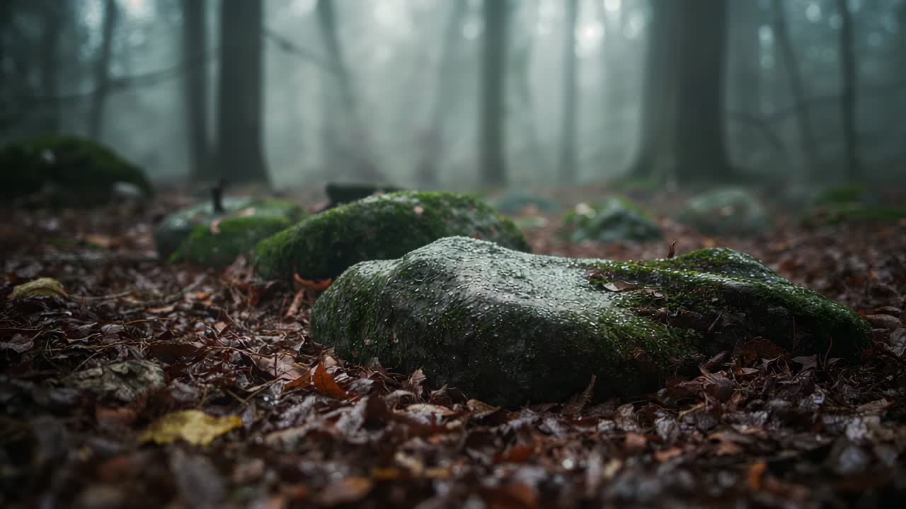 Pushing low-angle camera drawing mossy boulder into focus on forest floor, showing wet surface