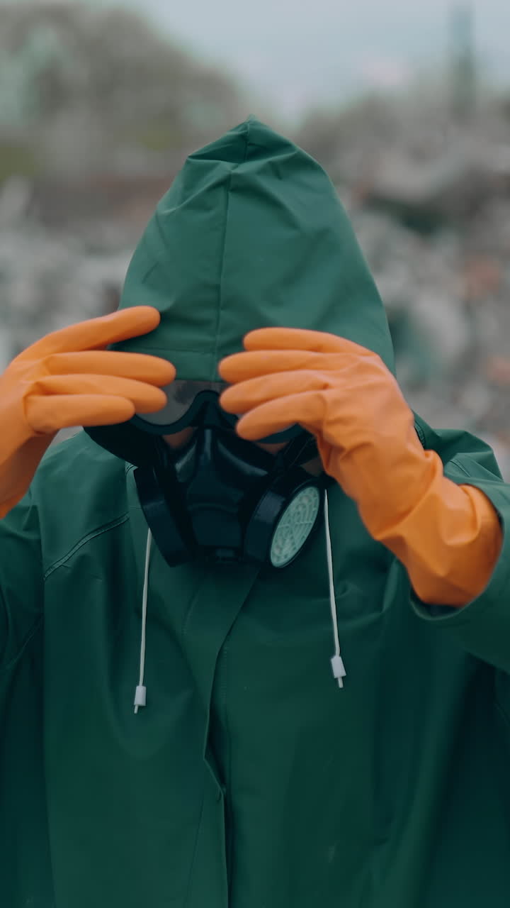 Man die in een apocalyptische stad staat. Verwoesting van een apocalyptische stad