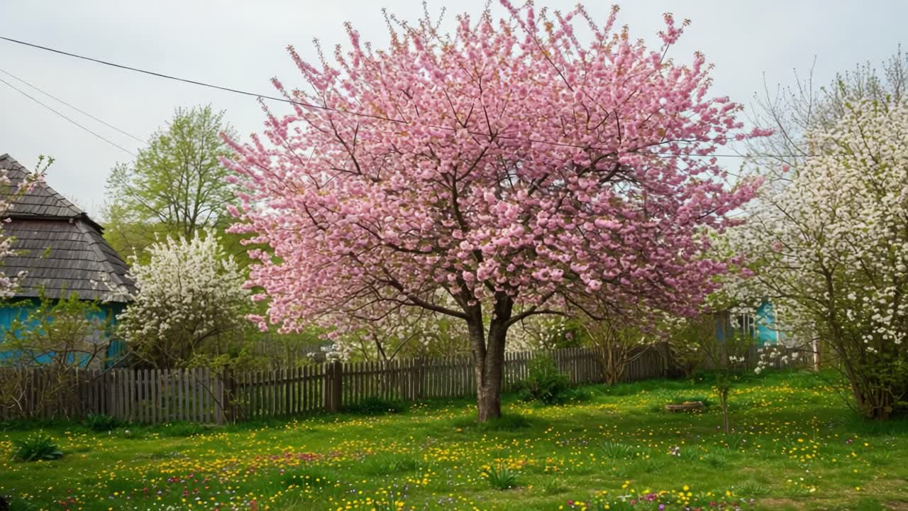 A Breathtaking Display of Spring Blooms: Vibrant Cherry Blossoms and Lush Greenery in an Idyllic Garden Scene