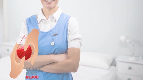 Animation-of-please-give-blood-text-over-female-doctor-smiling