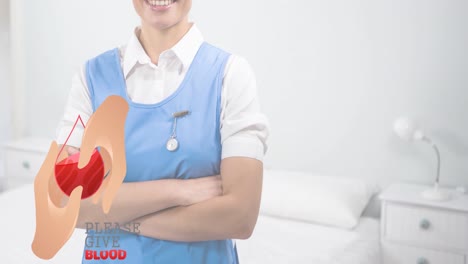 animación de por favor da sangre texto sobre la mujer médico sonriendo