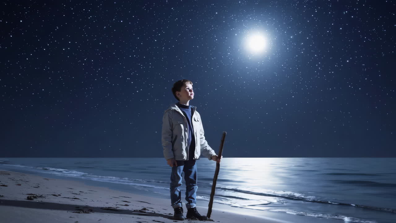 Young Boy Gazing at a Bright Moon on a Starry Night Beach