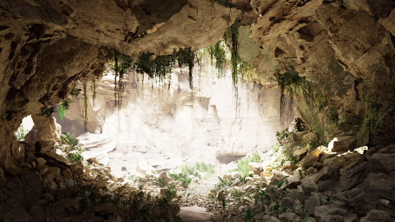 Light shines through a rocky cave surrounded by greenery in nature