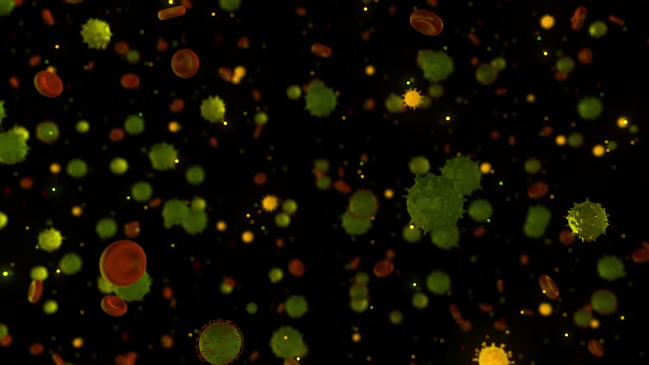 vista microscópica de las células sanguíneas y los virus