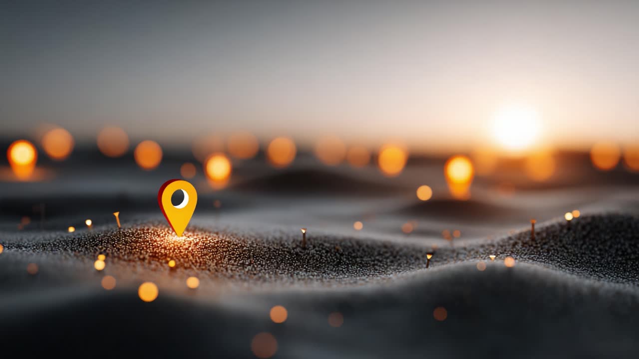 A Dazzling Landscape Illuminated by Glowing Markers, Capturing the Essence of Navigation and Discovery Amidst a Surreal, Shimmering Terrain at Sunset
