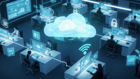 advanced technology data analytics in a high-tech office environment featuring cloud computing and cybersecurity solutions in action