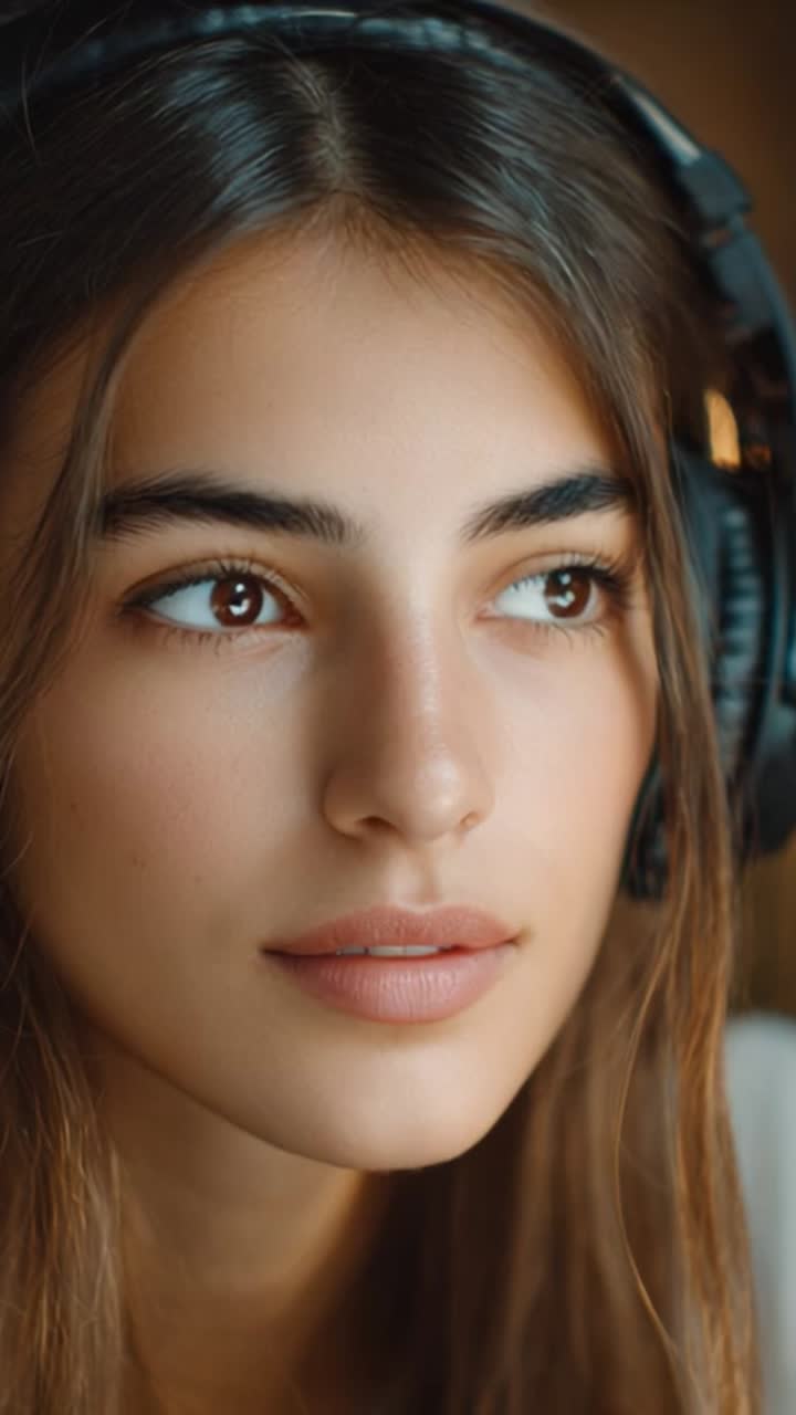 Captivating Close-Up of a Young Woman with Headphones, Showcasing Her Natural Beauty and Intense Expression While Listening to Music in a Softly Lit Environment