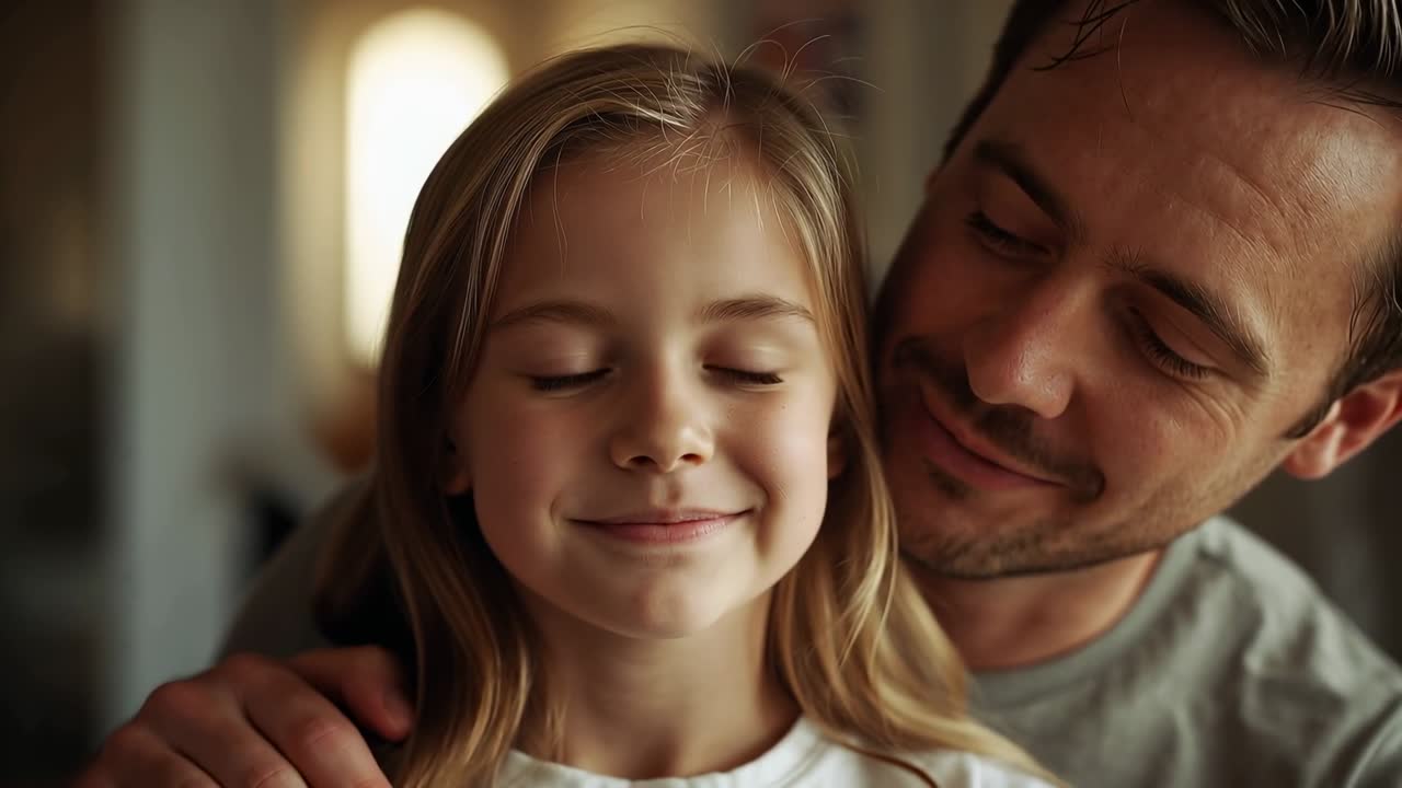 Figlia che ride con un top bianco che si gira a casa, mentre il padre in maglietta grigia canticchia e le posa una mano rassicurante sulla spalla.