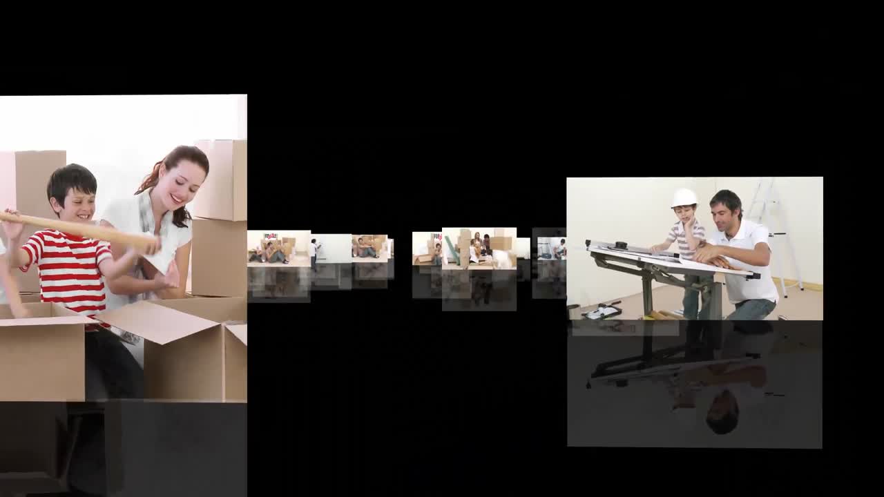 animación de familias felices desempaquetando cajas