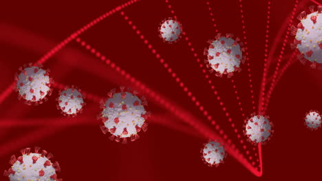 dna structure forming against covid-19 cells on red background