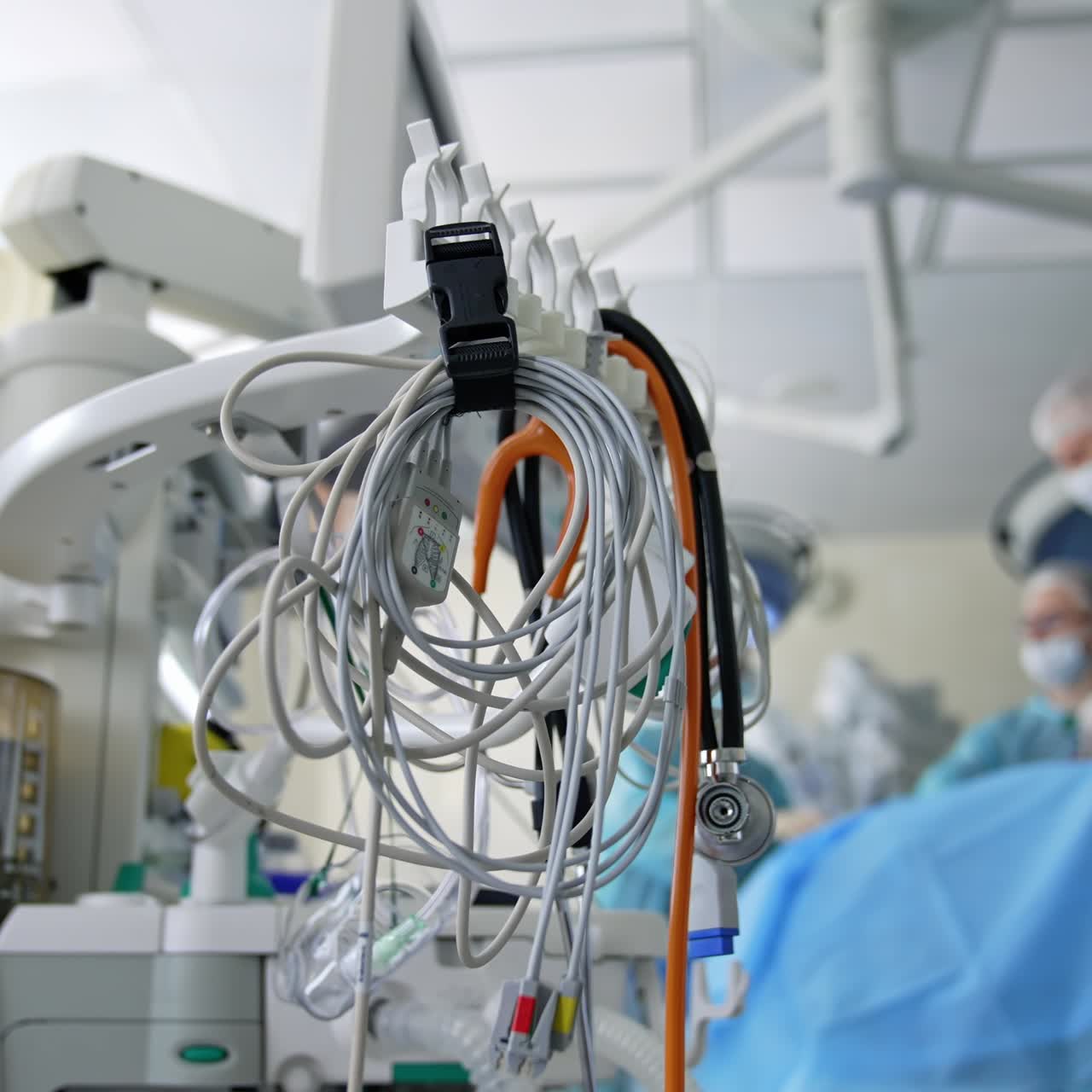Modern medical equipment on blurred surgical background. Artificial lung ventilation in intensive care unit. Operating theater