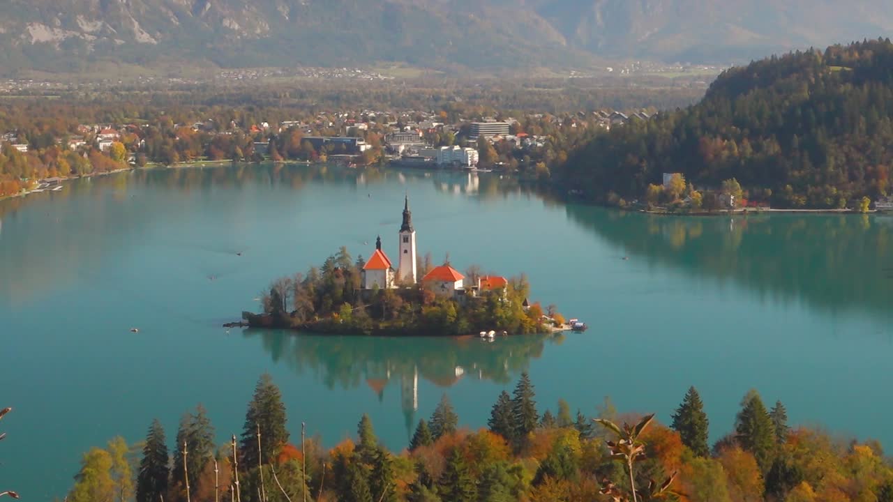 Lake Bled Slovenia. Beautiful mountain lake with small Pilgrimage Church. Most famous Slovenian lake and island Bled with Pilgrimage Church of the Assumption of Maria