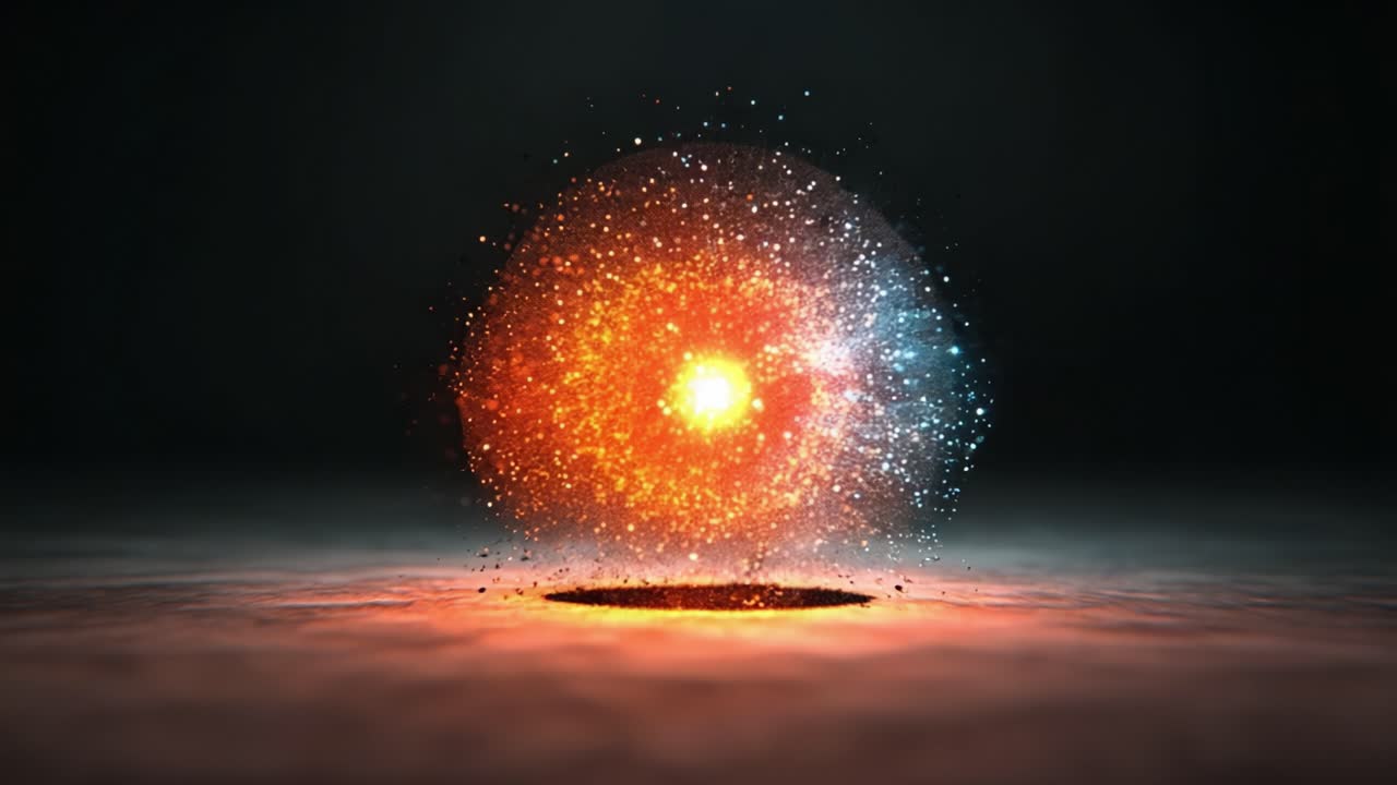 A mesmerizing visual representation of energy transformation, where vibrant particles converge and explode in an artistic display of light and color, illustrating the dynamic power of the universe