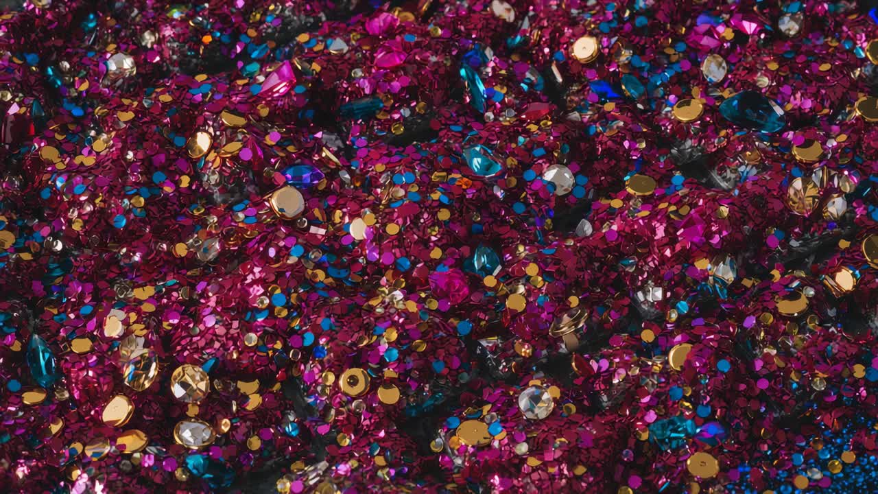 Pilha de glitter rosa cintilante em macro reagindo a mudanças de luz, movendo e piscando lantejoulas douradas