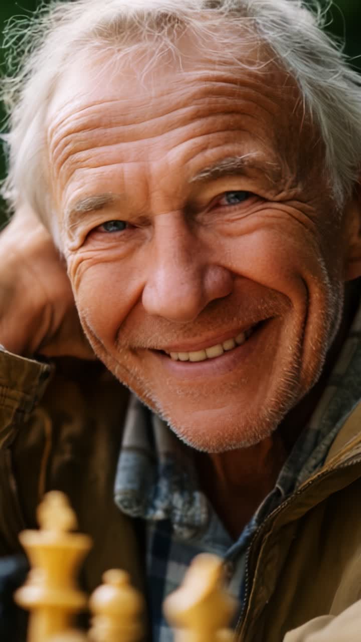 A joyful older man engaging with chess, exuding wisdom and warmth, capturing a moment of delight while appreciating the game's beauty and challenge