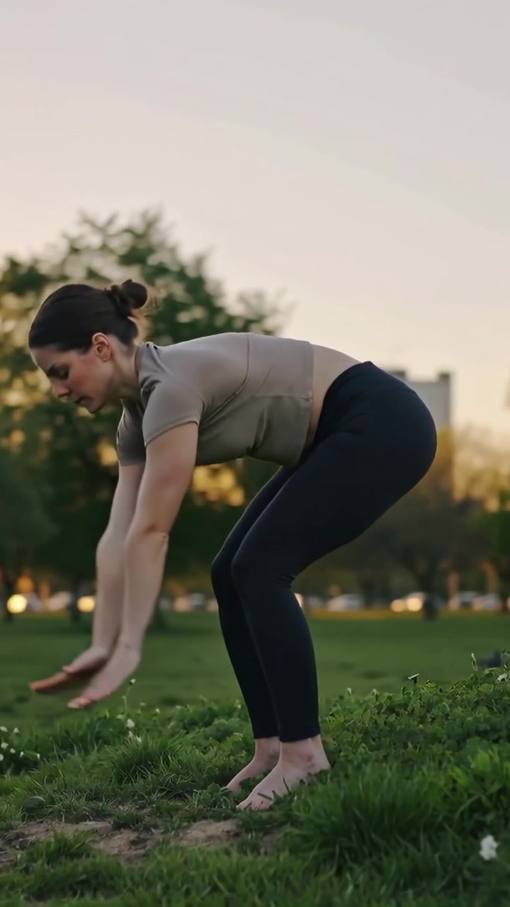Vídeo vertical: Levantando os braços, mulher se curvando para frente em um monte gramado, de leggings, descalça, alongando