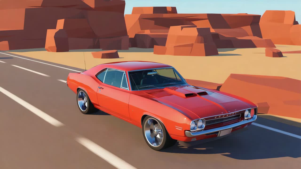 Red Classic Muscle Car Driving Through Desert Landscape
