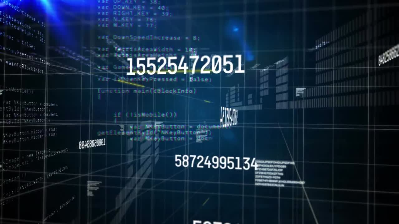 Digital animation of changing numbers and data processing against blue background