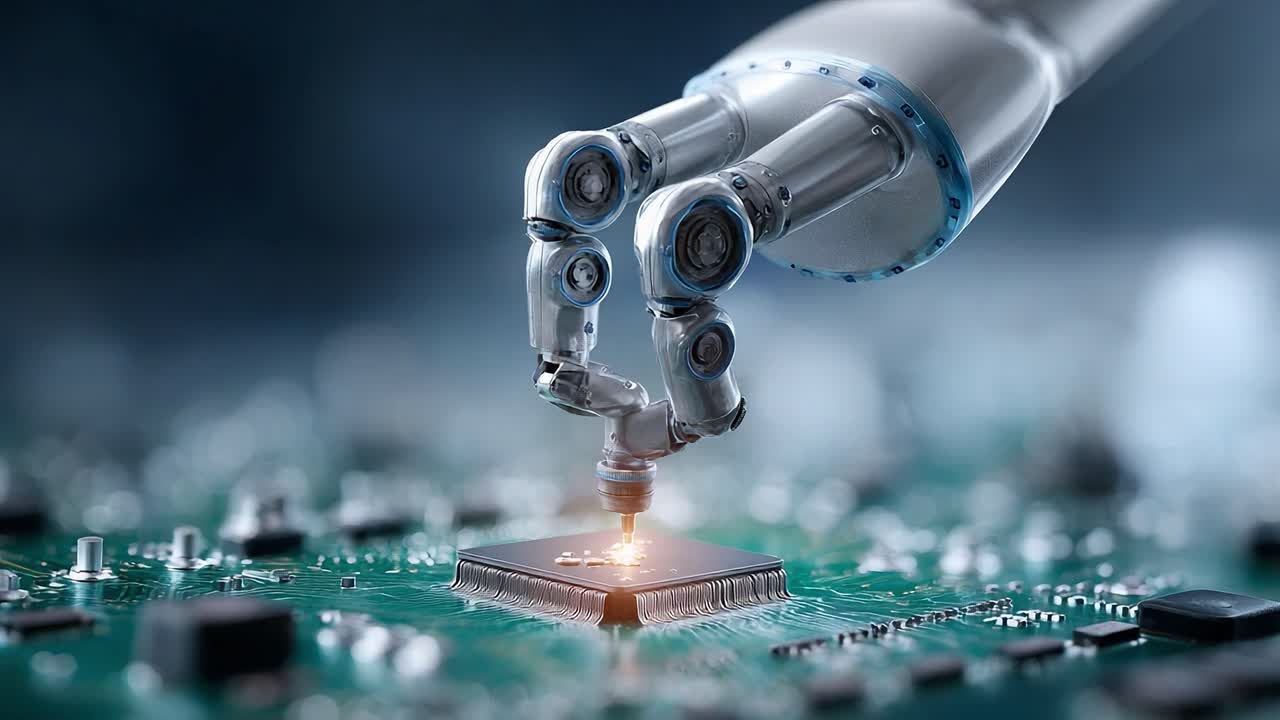 Advanced Robotic Hand Testing Semiconductor Chip on Circuit Board, Highlighting Precision Engineering and Future Technology Innovations in Robotics