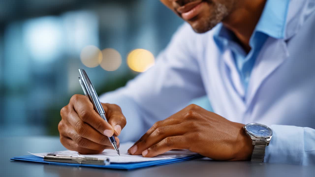 A focused individual diligently writing notes on a clipboard, showcasing attention to detail and professionalism in a well-lit environment, emphasizing the importance of organization and clarity in documentation tasks
