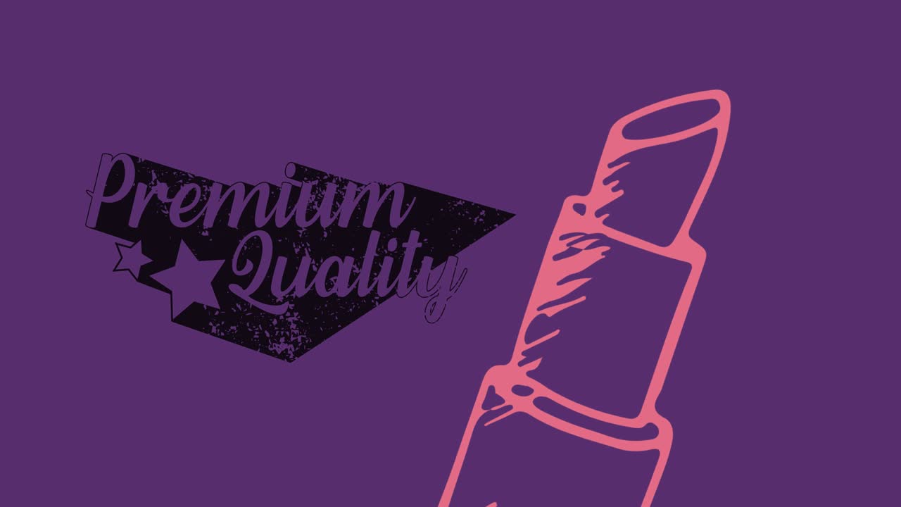 보라색 배경 위에 프리미엄 품질의 텍스트와 립스틱의 애니메이션