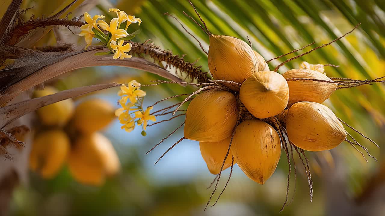 Close-up View of Ripe Yellow Coconuts Clustered Among Lush Green Palm Tree Leaves, Highlighting Nature's Tropical Beauty in Vibrant Colors