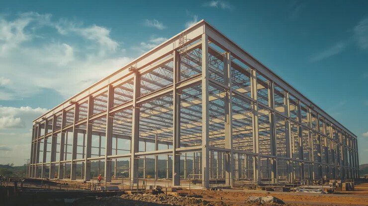 Sonnenlicht hebt das Stahlgerüst auf einer Baustelle hervor, Arbeiter überprüfen die Verbindungen und die Ausrichtung