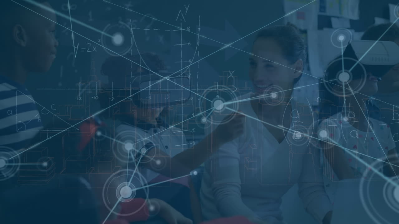 다양한 학교 학생과 교사에 대한 연결 네트워크, 수학적 방정식의 애니메이션