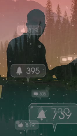 animation of social media icons and numbers over landscape background