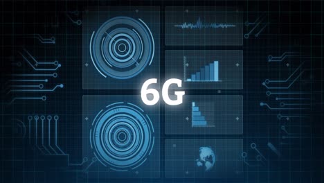 Animation-Von-6g-Text-Mit-Scopes-Scanning-Und-Datenverarbeitung-Auf-Bildschirmen-über-Raster