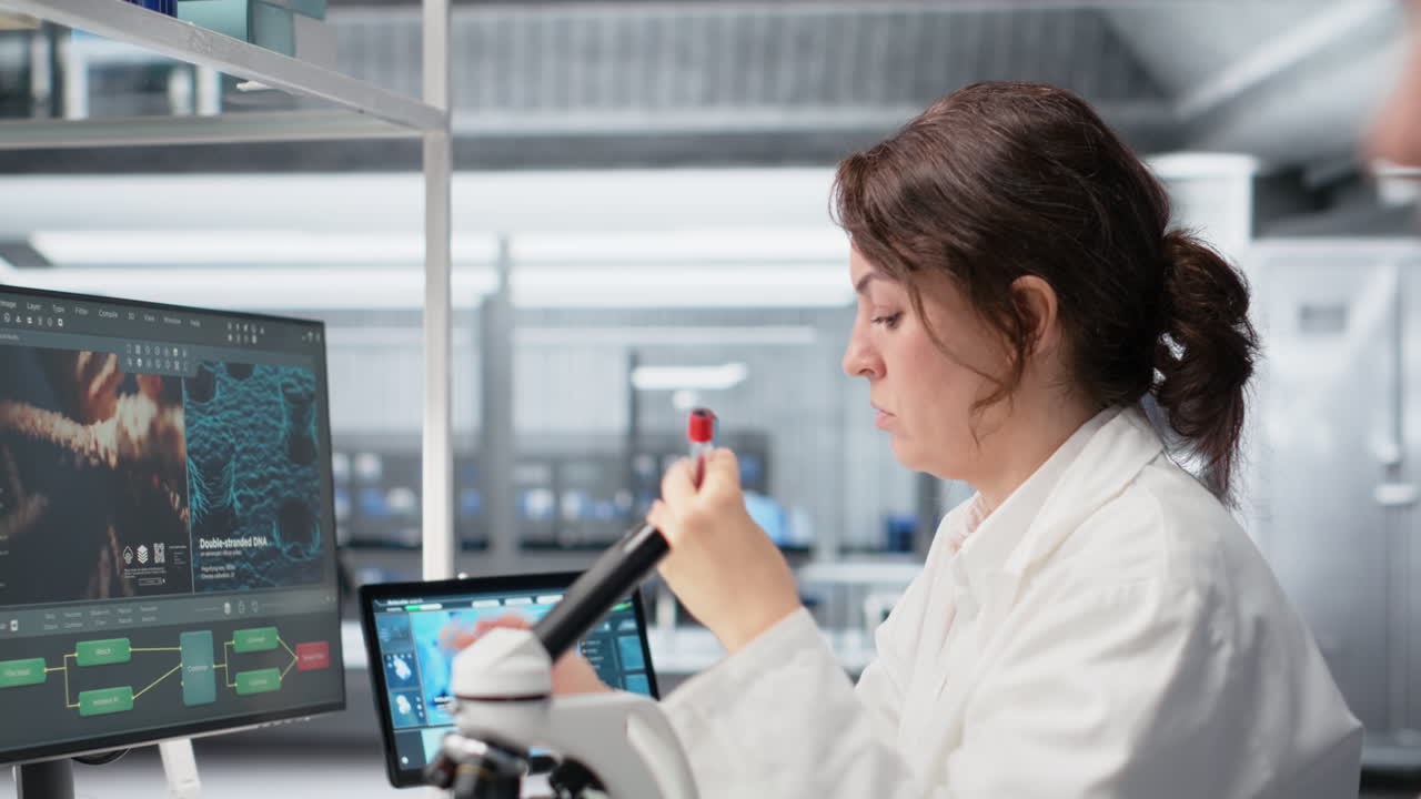 Vertical video Laboratory employee looks at blood sample and PH indicator