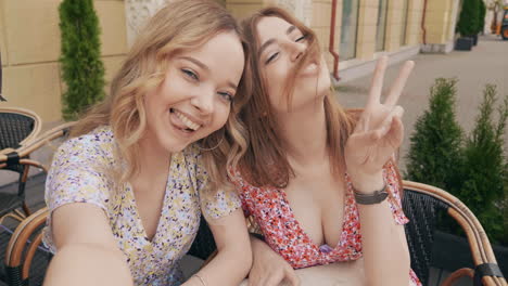 two friends enjoying a cafe selfie session