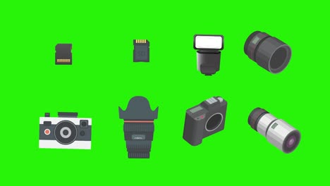 photography gadgets equipment animation, on green screen chroma key, graphic source elements