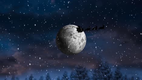 animation of santa claus in sleigh with reindeer over winter scenery and moon
