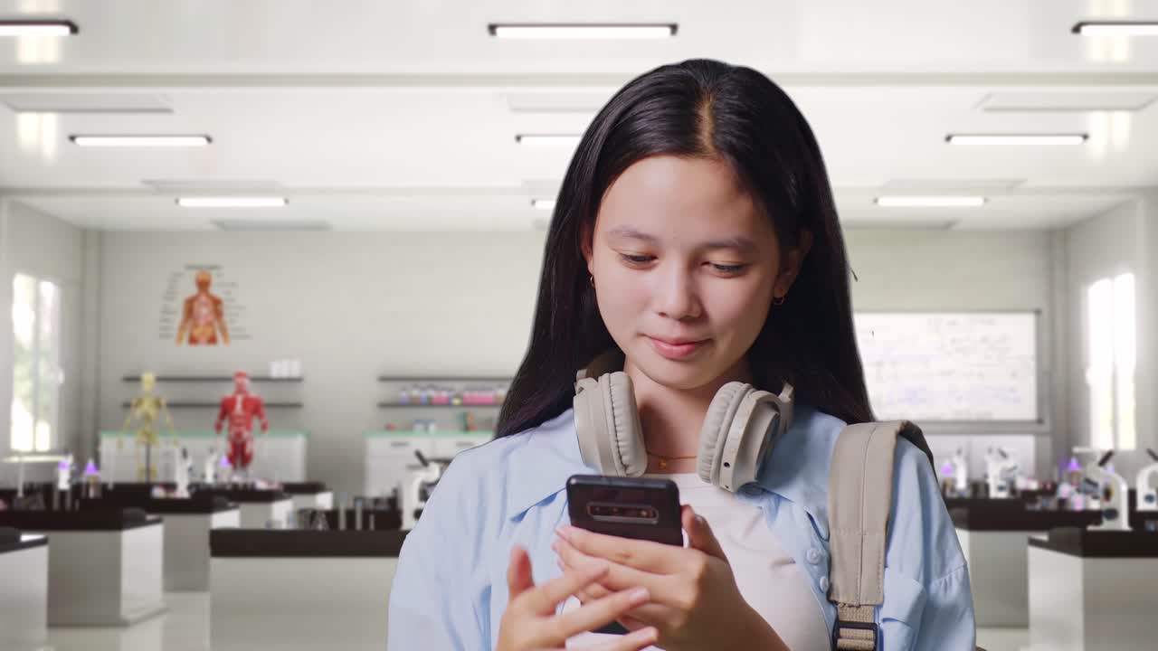 과학 실험실 에 서 있는 동안 스마트폰 을 사용 하고  을 가리키는 배 을 들고 있는 아시아 청소년 여자 학생 의 근접 사진