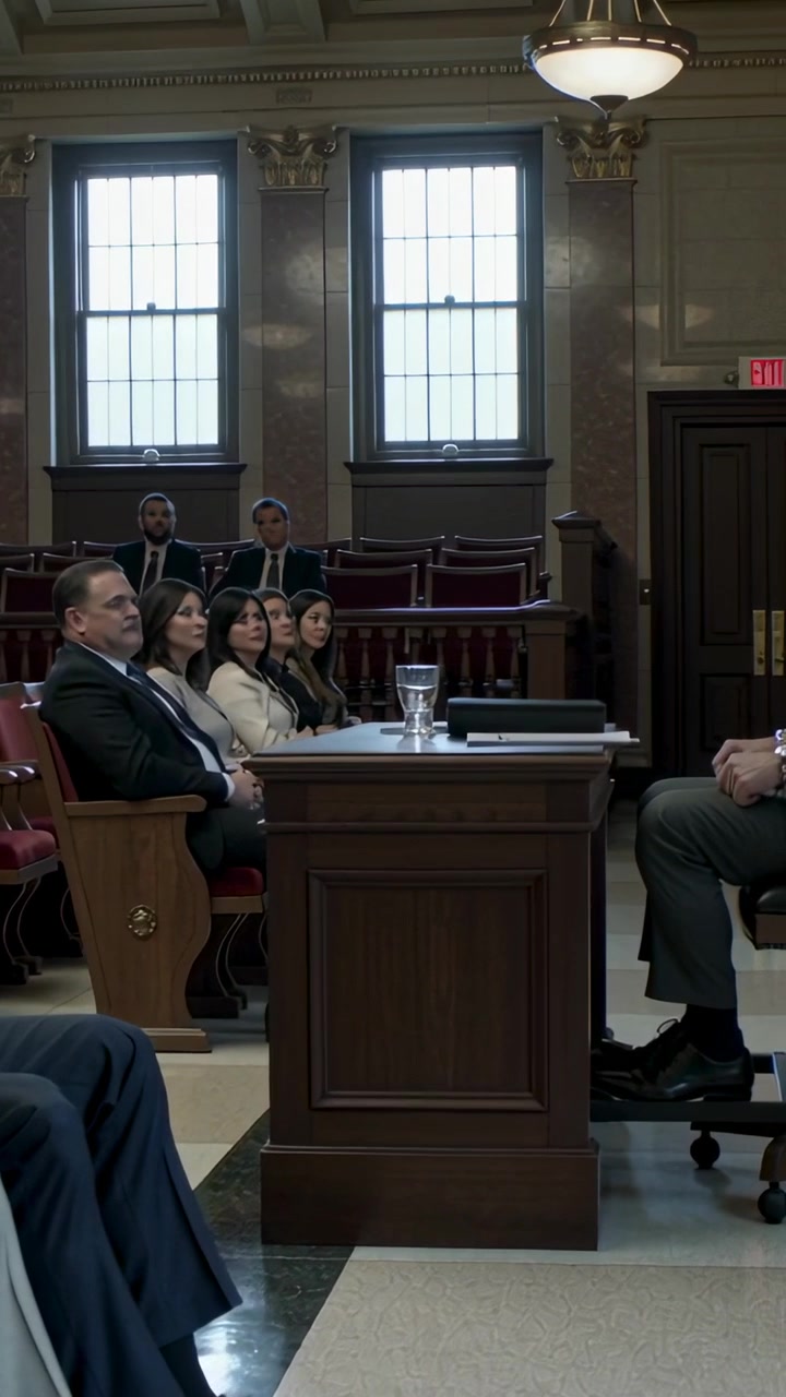 Vertical video: Hearing speaker on right, counsel group turning and moving in court in suits