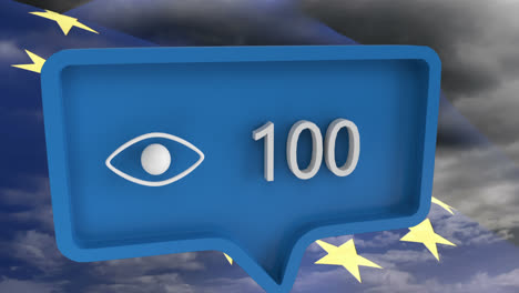 animation of speech bubble with numbers over clouds and flag of european union