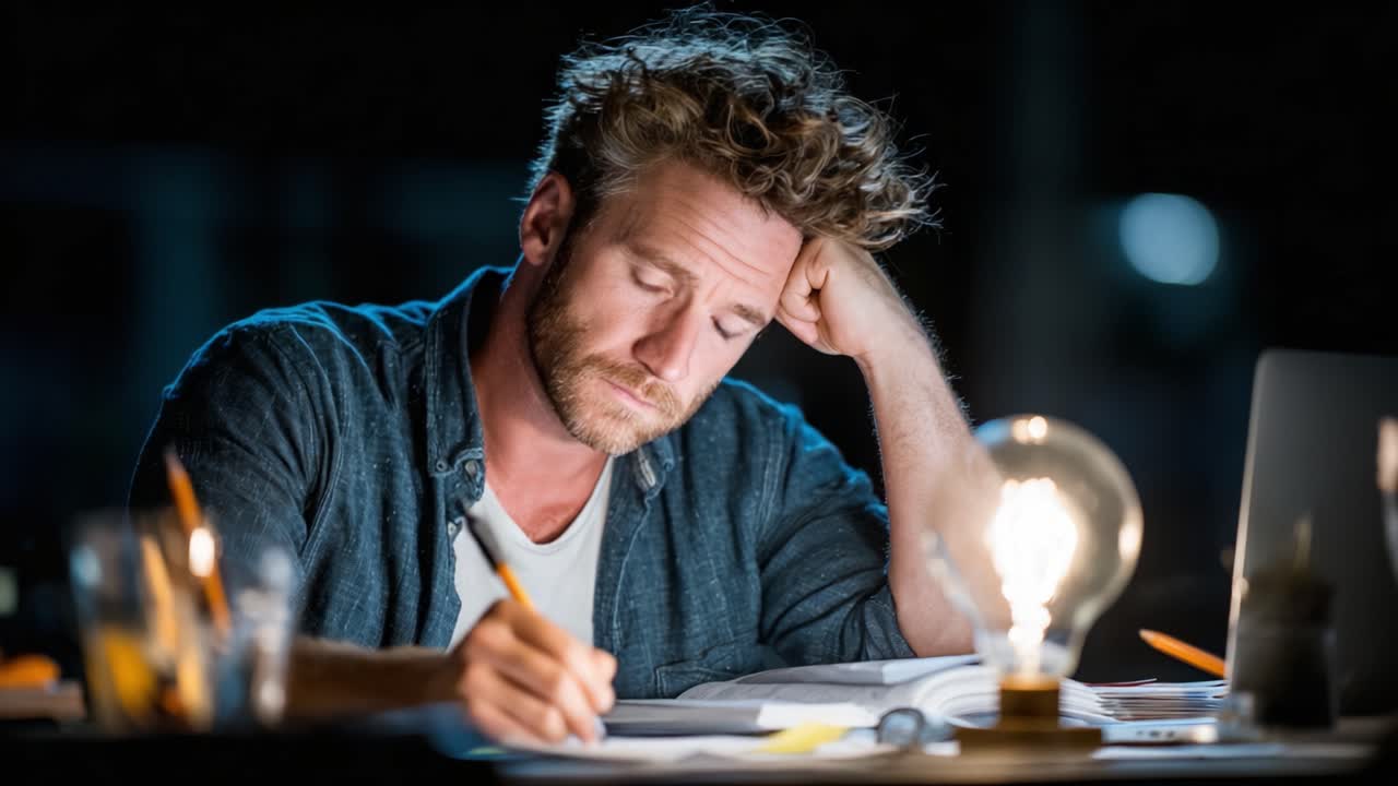 A thoughtful individual contemplates ideas at a cluttered desk, illuminated by a glowing light bulb and surrounded by papers and writing utensils in a creative workspace