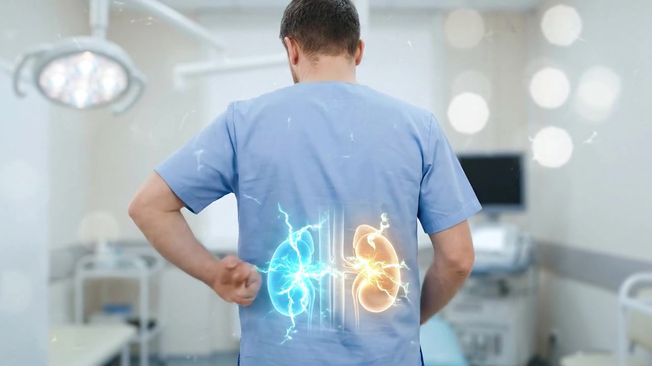 Doctor Examining Patient with Digital Kidney Anatomy Overlay