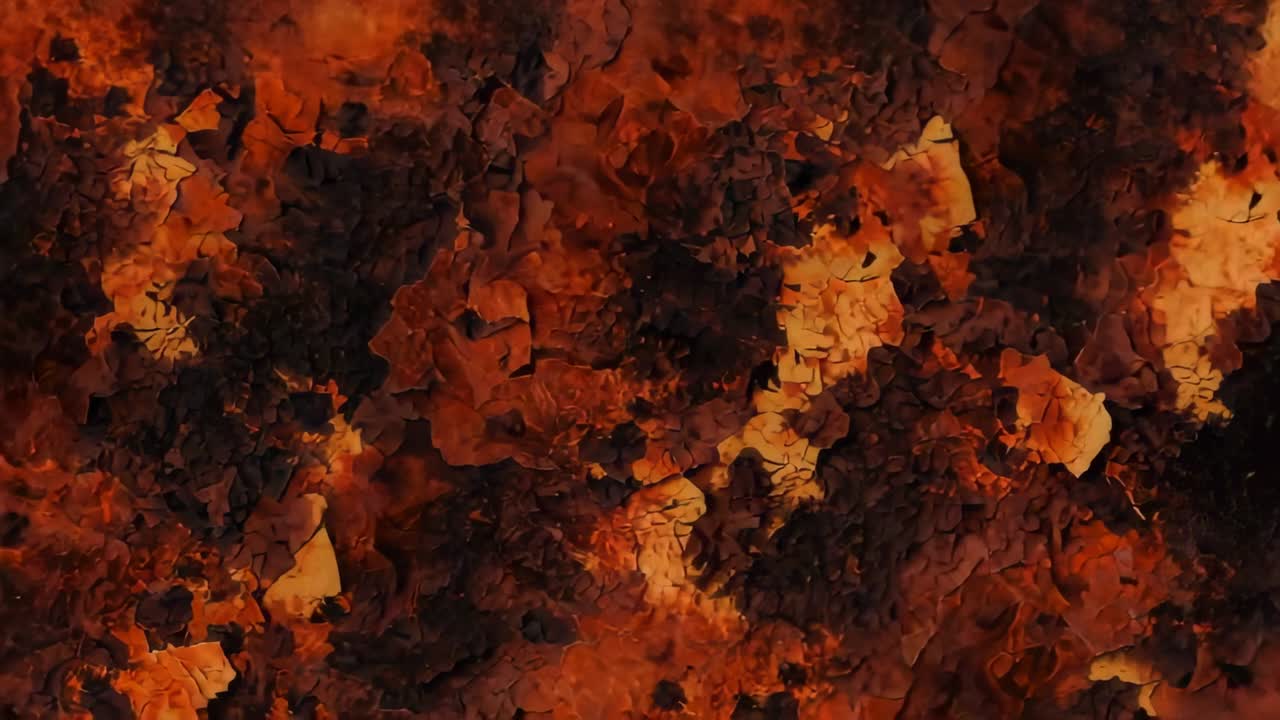 Glowing cracked surface sustaining molten ember glow in macro close-up, with fiery texture