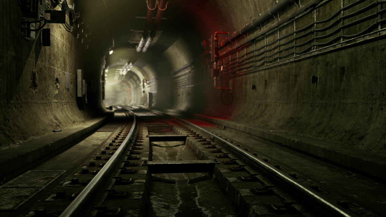 túnel subterráneo oscuro con vías ferroviarias iluminadas por luz lejana