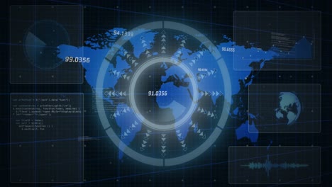 animación de la interfaz con escáner redondo y procesamiento de datos sobre el mapa del mundo sobre fondo negro.
