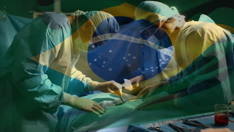 animação da bandeira do brasil ondulando sobre cirurgiões na sala de cirurgia